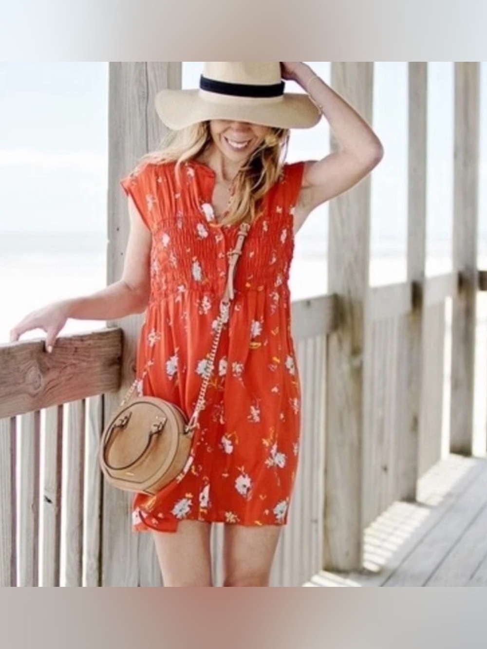 Free People Floral Smocked Button Down Tunic Mini Dress Red Orange Size Large